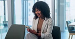 Business, woman and waiting room in office with phone, research and application for interview. Smile, person or candidate in workplace with mobile, online survey and registration form for recruitment
