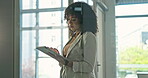 Employee, scroll and woman with tablet in office, publicist and planning for media pitch on website. PR manager, browsing and business person with technology, online and campaign strategy on app