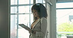 Employee, online and woman with tablet in office, publicist and planning for media pitch on website. PR manager, browsing and business person with technology, information and campaign strategy on app