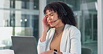 Business, woman and consultant with headache on laptop in office for stress, overworked or strain. Frustrated, female person or agent with migraine, headset or computer for online mistake or pressure