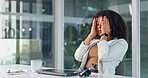 Frustrated, woman and consultant with stress on laptop in office for difficult customer or CRM. Female person, employee or tired agent talking with headset on computer for online refusal in workplace