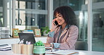 Business, laptop and happy woman with phone call in office for communication, chat or discussion. Female person, employee or talking with smartphone on computer for conversation, proposal or feedback