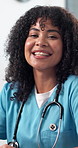 Face, woman and nurse with smile for medical career, pride or laugh in clinic for wellness service. Portrait, happy person and healthcare worker with integrity, about us and work ethic in hospital