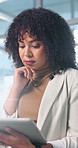 Businesswoman, thinking or scroll in office with tablet, email or check compliance for finance audit. Financial auditor, person and problem solving in firm with tech, online company records or report