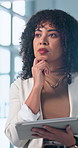 Serious, thinking and woman with tablet in business, publicist and planning for media pitch or info. PR manager, reflection and person with technology, research and campaign strategy on app in office