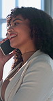 Happy, woman and discussion in office with phone call, feedback and good news for marketing manager. Person, smile and tech in business with contact, advertising update and planning for campaign.