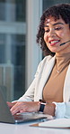 Laptop, help and woman in call center at night for typing, multilingual support and crm assistance. Customer care, computer and happy person speaking, contact us and language translation on overtime