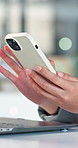 Woman, hands and scroll in office with phone, social media marketing campaign and check notification. Bokeh, person and typing in workplace with tech, post advertising project and brand management.