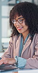 Happy, woman and typing in office with laptop, brand awareness project and notification of good news. Person, smile and email in creative agency with computer, positive feedback or campaign approval.