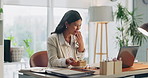 Businesswoman, laugh and eating in office with laptop, watch funny video or comedy series with meal. Happy, person and lunch break in workplace with computer, food or streaming show for entertainment