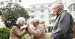 High five, support and smile with old people outdoor for bonding, celebration and social reunion. Happiness, motivation and weekend break with senior friends in garden of retirement home for love