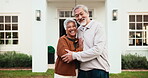Happy, face and old couple hug at house, retirement and connection with partner on weekend and love. Outdoor, portrait and senior people with smile, relationship commitment and laughing with spouse