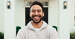 Property, face or happy man outdoor with pride, fresh start or investment in dream home. Real estate, portrait or person in front yard with laugh, housing achievement or confidence as new homeowner.