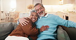 Love, face or old couple on sofa with hug, partner comfort or bonding together in connection. Smile, tender or senior people in home with embrace, happy moment or romantic relationship in retirement
