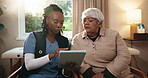 Nursing home, old woman and caregiver with tablet, discussion or explaining medical diagnosis on web. Healthcare, advice and chat with senior person, homecare and nurse with tech for treatment plan