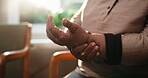 Arthritis, old woman or hands in hospital with stretch, joint pain or discomfort in wrist movement. Retirement, tendinitis and senior person with ache, chronic condition and sore muscle in clinic.