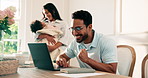 Laptop, excited and businessman in home with remote work for web development review with freelance. Technology, fist pump and software engineer with email feedback frontend project in apartment.