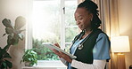 Nurse, research and woman with tablet in nursing home, healthcare service or patient records on web. Happy, medical professional and black person with technology for treatment plan or assisted living