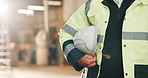 Space, helmet and man in workshop for carpentry, woodworking and timber production. Contractor, hands and person with ppe, protection and safety compliance for lumber, construction and renovation