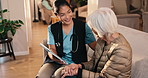 Nursing home, caregiver and support for old woman, consultation and explaining diagnosis on website. Assisted living, nurse and comfort for senior person, happy and healthcare update with technology