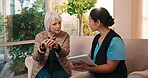 Nursing home, caregiver and old woman with walking stick, healthcare or explaining diagnosis on web. Nurse, consultation and senior person with disability, happy and health update with technology