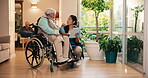 Nursing home, tablet and old woman in wheelchair with nurse, health and explaining diagnosis on web. Healthcare, consultation and caregiver with technology, talking and senior person with disability