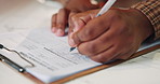 Person, hands and writing with clipboard for form, application or business evaluation. Closeup, employee or supplier taking notes with feedback for checklist, quality assurance or distribution