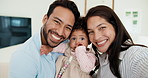 Parents, baby and face in home for selfie, bonding and video recording for social media update. Happy family, child or POV in living room for photography, parenting vlog or platform for web streaming