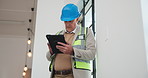 Construction site, engineer and man with tablet for online schedule, renovation and inspection. Mature person, architecture and employee with urban development, connection and tech for building plan