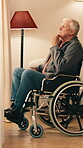 Retirement, thinking and old man in wheelchair, window and patient in nursing home or contemplating. Memory, reflection and senior person with disability, thoughts and remembering choice on break