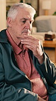 Retirement, thinking and old man in living room, choice and patient in nursing home or contemplating. Memory, reflection and senior person with decision, serious and remembering thoughts in house