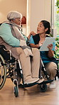 Health, nurse and tablet with old woman in wheelchair for EHR records, stroke recovery or care plan. Tech, happy caregiver and senior person with disability for results, medical progress and homecare