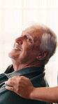 Health, caregiver and comfort old man in wheelchair for homecare, compassion and window view. Trust, carer and happy senior person with disability for medical support, assisted living and reassurance