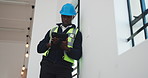 Construction site, architecture and black man with tablet for schedule, renovation or inspection. Person, engineering and employee with urban development, online connection and tech for building plan