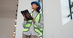 Construction site, engineering and woman with tablet for schedule, renovation and thinking. Person, architecture and employee with urban development, online connection and tech for building plan