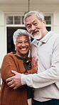 Old couple, face and hug with partner at house, retirement and laughing with relationship commitment. Marriage, solidarity and senior people on weekend, embrace and happy for connection at home