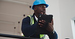 Construction site, architecture and black man with tablet for online schedule, renovation or inspection. Person, engineering and employee with urban development, connection and tech for building plan