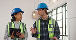 Construction, team and building inspection with tablet for design vision, contractor brief or chat. Renovation, people and interior designer with tech for site visit, quality control and coordination