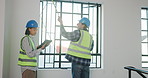 Maintenance, team and tablet at window with measurement, renovation planning or glass fitting. Man, woman and construction workers with technology for remodeling, project management or design update