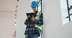 Construction site, engineering and man with tablet for online schedule, renovation and inspection. Person, architecture and employee with urban development, connection and tech for building plan