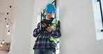 Construction site, engineering and man with tablet for inspection, renovation and schedule. Person, architecture and employee with urban development, online connection and tech for building plan