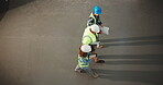 Construction, team or building inspection with talk for renovation plan, contractor brief or above. People, foreman or safety manager with tech for site visit, risk assessment or project coordination