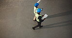 People, tablet and architecture inspection with blueprint for design vision, space layout or above. Team, architect and schematic with tech screen for CAD, renovation progress or building evaluation