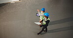 Team, tablet and construction inspection with blueprint for design vision, space layout or above. People, foreman and schematic with tech screen for CAD, remodeling progress and building evaluation