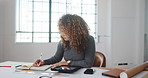 Architect, notebook and woman in agency with tablet, design planning and draft of renovation strategy. Writing, digital and engineer with tech, progress checklist and research on remodeling project.