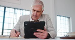 Architect, notebook or man in office with tablet, design planning or draft of renovation strategy. Writing, serious or mature engineer with tech, progress checklist or research for remodeling project