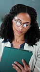 Financial planning, online and businesswoman with tablet in office, reading or research with glasses. Corporate, wealth management and African person with tech, risk assessment and project on website