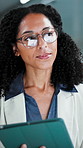 Financial planning, research and businesswoman with tablet in office, online or reading with glasses. Eyewear, reflection and African person with tech, wealth management and review graphs on website