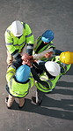 Above, meeting and architect with hands together with applause for warehouse, motivation or success. People, team and contractors clapping with celebration for winning, construction or unity in depot
