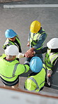 Above, applause and engineer with hands together in warehouse for construction, motivation or success. People, team and contractors piling with celebration for winning, meeting or unity in depot
